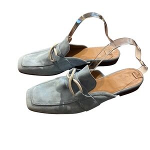 M.Gemi Sky Blue Suede Square Toe Mules Slip On Loafer Shoes Made in Italy 42/11